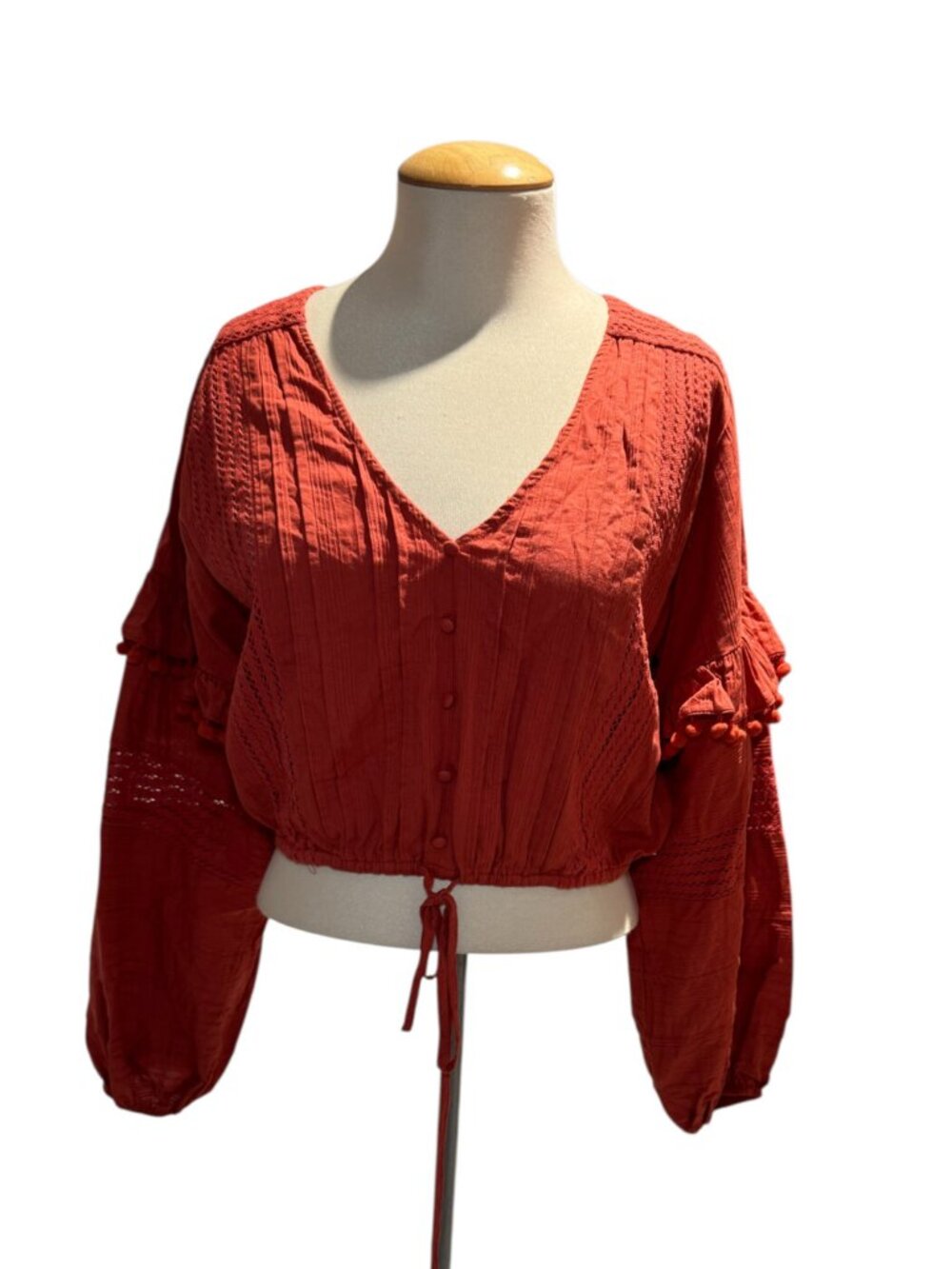 House of Harlow 1960 rust cotton pom-pom sleeve crop blouse - S